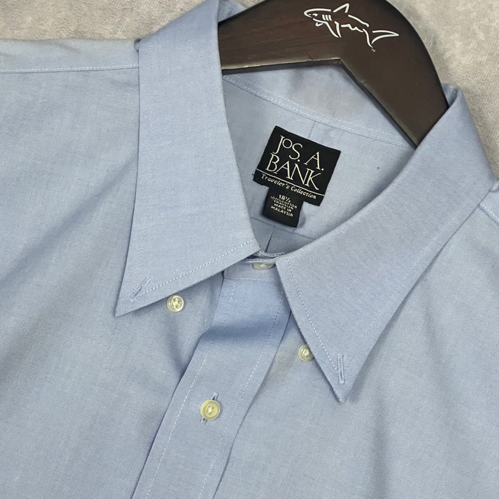 Jos. A. Bank Button Down Shirt Mens 18.5 Blue Traveler's Collection Short Sleeve